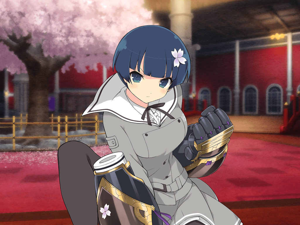 1girl architecture black_ribbon blue_eyes blue_hair blunt_bangs blush bowl_cut breasts bridge buttons cherry_blossoms cherry_tree double-breasted east_asian_architecture emblem fence flower gauntlets gessen_academy_school_uniform grey_shirt hair_flower hair_ornament large_breasts long_sleeves looking_at_viewer official_art plant power_fist red_carpet ribbon rock senran_kagura senran_kagura_new_link senran_kagura_shinovi_versus senran_kagura_shoujo-tachi_no_shin&#039;ei shirt short_hair solo stone_lantern upper_body yaegashi_nan yozakura_(senran_kagura)