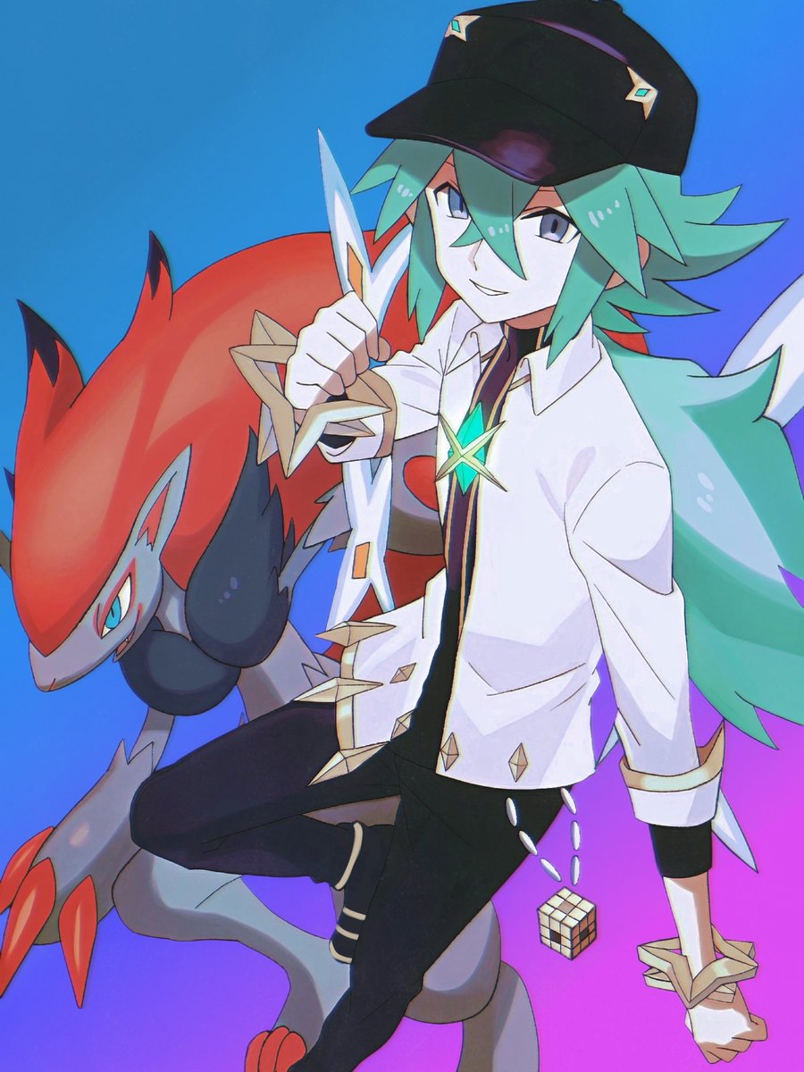 1boy arm_up baseball_cap black_hat black_pants blue_eyes chain clenched_hand collared_shirt commentary_request crossed_bangs cube foot_out_of_frame game_freak gem gen_5_pokemon gradient_background green_gemstone green_hair hat highres layered_sleeves long_hair long_sleeves male_focus n_(arc_suit)_(pokemon) n_(pokemon) nintendo official_alternate_costume open_clothes open_shirt pants pinstripe_pattern pinstripe_shirt pokemon pokemon_masters_ex shirt sleeve_cuffs smile teeth white_shirt wing_collar zero_(sleepy_meltan) zoroark