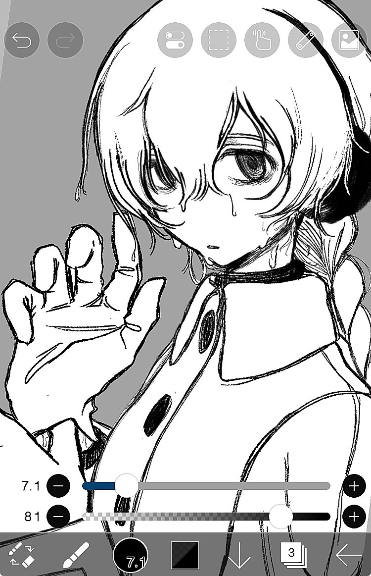 1girl art_program_in_frame bags_under_eyes braid braided_ponytail buttons coat earmuffs expressionless from_side gloves greyscale hands_up long_hair long_sleeves looking_to_the_side monochrome parted_lips sekka_yufu simple_background solo upper_body utau wada140 wet wet_face wet_hair winter_clothes winter_coat