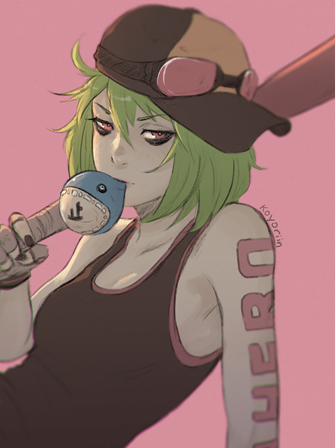1girl arm_support arm_tattoo artist_name bare_arms bare_shoulders baseball_bat baseball_cap black_nails blowing_bubbles blurry blush breasts brown_hat chewing_gum cleavage collarbone depth_of_field female_focus goggles goggles_on_headwear green_hair gumi hat holding koyorin leaning_back looking_at_viewer makeup mascara nail_polish panda_hero_(vocaloid) pink_background red_eyes short_hair sideways_hat simple_background small_breasts solo sweatband tattoo upper_body vocaloid