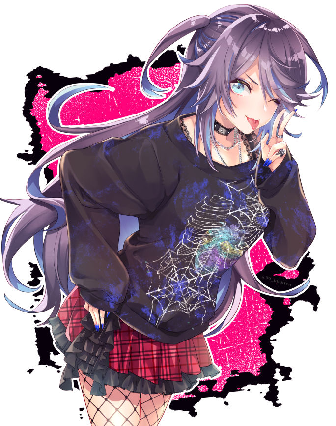 1girl blue_eyes blue_hair blue_nails blush chain chain_necklace choker fingernails fishnet_pantyhose fishnets frilled_skirt frills hand_on_own_hip hand_up jewelry kson long_fingernails long_hair long_sleeves multicolored_hair n_gyou nail_polish necklace pantyhose piercing plaid_clothes plaid_skirt pleated_skirt purple_hair ring short_twintails skeleton_print skirt sleeves_past_wrists smile solo spider_web_print streaked_hair tongue tongue_out tongue_piercing twintails two_side_up v v-shaped_eyebrows very_long_hair virtual_youtuber vshojo