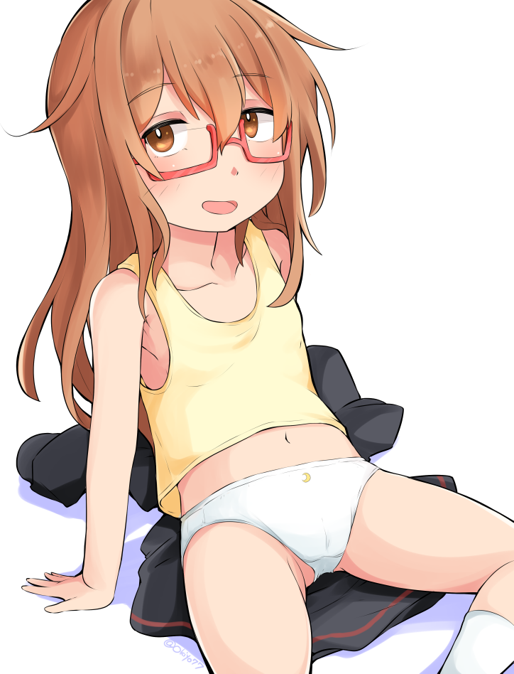 1girl arm_support black_skirt blush brown_eyes brown_hair cameltoe collarbone glasses hair_between_eyes kantai_collection long_hair mochizuki_(kancolle) okitarou_(okiyo) open_mouth panties red-framed_eyewear simple_background skirt unworn_skirt smile socks solo tank_top twitter_username underwear white_background white_panties white_socks yellow_tank_top