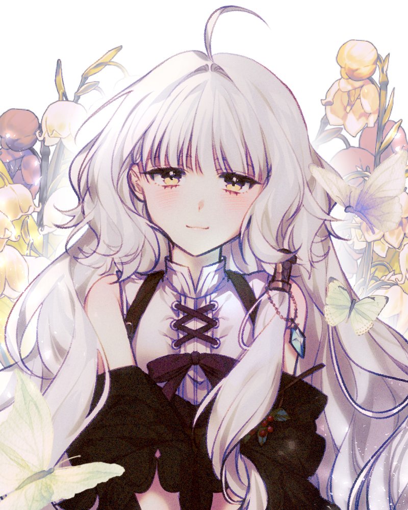 1girl ahoge bare_shoulders d3_mabi flower grey_hair hair_intakes looking_at_viewer mabinogi purple_ribbon ribbon rowan_(mabinogi) smile