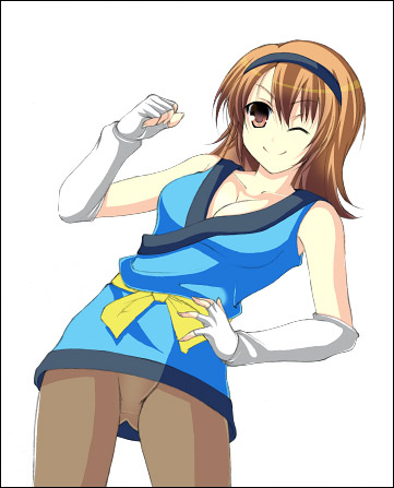 1990s_(style) 1girl bare_shoulders breasts cleavage elbow_gloves female_focus final_fantasy final_fantasy_iii fingerless_gloves gloves hairband kyoku_tou long_hair lowres matching_hair/eyes monk one_eye_closed orange_eyes orange_hair refia retro_artstyle simple_background solo white_background wink