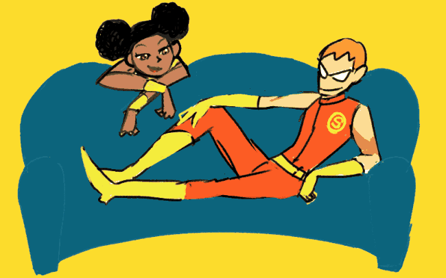 1boy 1girl black_hair bumble_bee couch dark_skin dc_comics domino_mask double_bun karen_beecher mask red_hair roy_harper sitting sleeveless speedy teen_titans