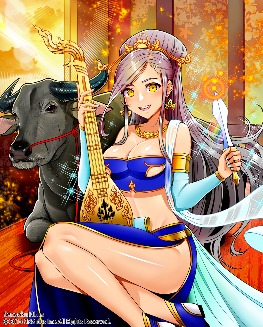 1girl alcoholrang armlet bad_id bad_pixiv_id breasts bull cleavage detached_sleeves earrings eyebrows female_focus grey_hair hair_ornament instrument jewelry large_breasts legs long_hair looking_at_viewer midriff nail_polish necklace open_mouth original princess sengoku_hime side_slit sitting smile solo sparkle underboob yellow_eyes