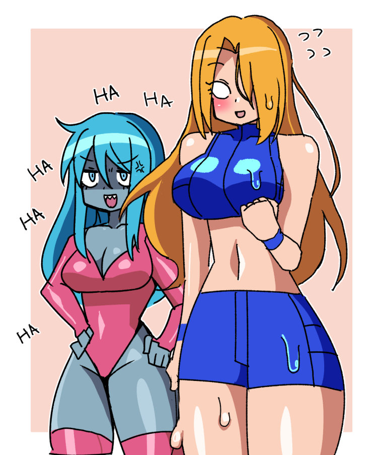 anger_vein angry blue_hair blue_skin blush breasts cleavage colored_skin cosplay dark_samus hair_over_one_eye highleg highleg_leotard iriomote_umineko justin_bailey laughing leotard long_hair metroid metroid_(classic) metroid_fusion midriff nintendo no_pupils red_leotard red_thighhighs sa-x samus_aran samus_aran_(cosplay) sharp_teeth shiny_skin simple_background slime_(substance) sweat teeth thighhighs