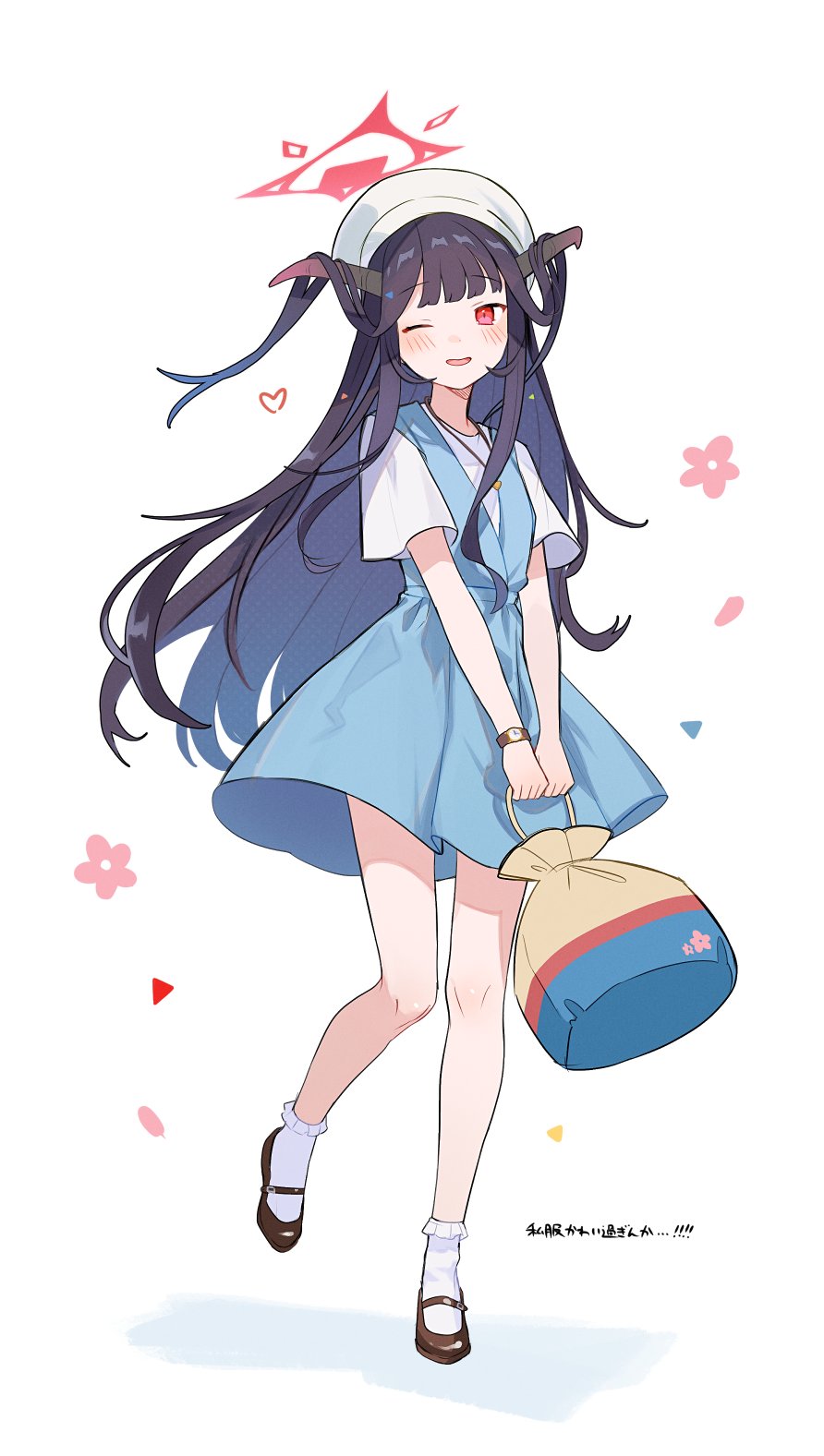 1girl bag blue_archive blue_dress blunt_bangs blush brown_horns brown_shoes commentary dress foot_up full_body fuuka_(blue_archive) hair_on_horn halo hat heart highres holding holding_bag horns long_hair looking_at_viewer mary_janes nuudoru one_eye_closed open_mouth pinafore_dress purple_hair red_eyes red_halo shirt shoes short_sleeves simple_background sleeveless sleeveless_dress smile socks solo standing standing_on_one_leg symbol-only_commentary translation_request watch white_background white_hat white_shirt white_socks wristwatch