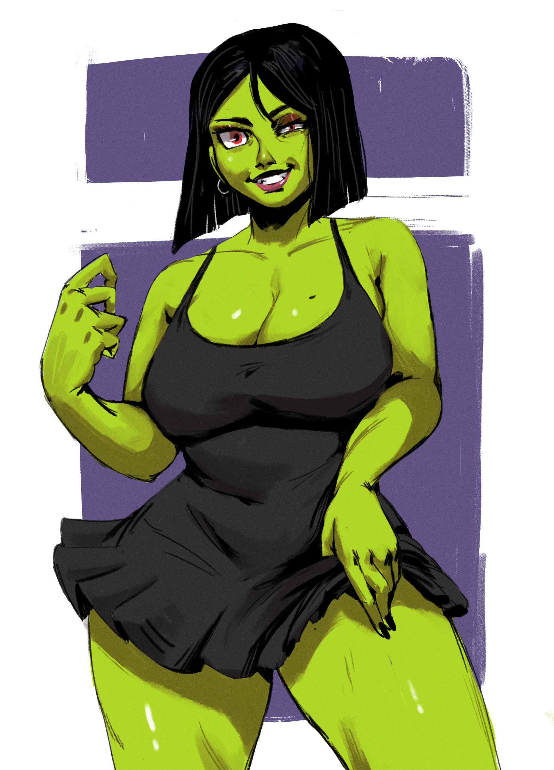1girl absurdres banjo-kazooie black_hair breasts cleavage clothes_lift colored_skin cowboy_shot crazy_eyes dress earrings eyeshadow green_skin gruntilda_winkybunion highres jewelry large_breasts lifting_own_clothes makeup pink_lips purple_background red_eyes redblacktac short_hair skirt skirt_lift smile solo thick_thighs thighs wide_hips