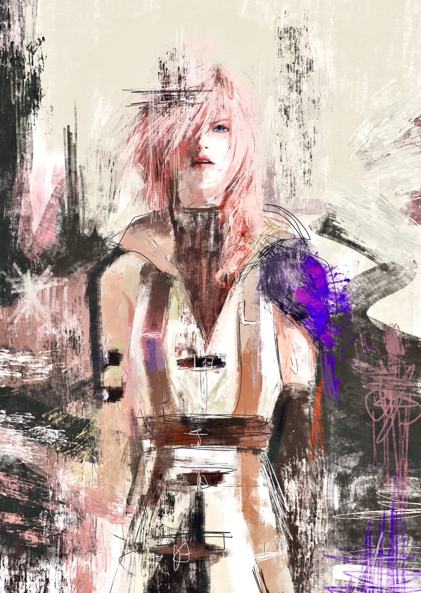 1girl abstract_background blue_eyes final_fantasy final_fantasy_xiii fuyumurasaki hair_over_one_eye highres lightning_farron lips open_mouth painterly pink_hair realistic solo teeth