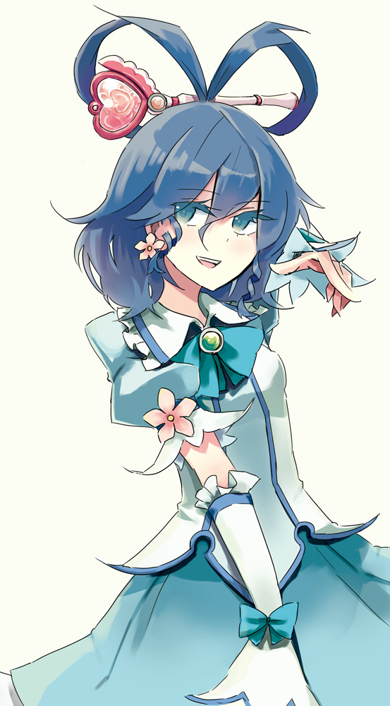 1girl bad_id bad_pixiv_id blue_eyes blue_hair blue_skirt blue_theme cosplay cure_beauty cure_beauty_(cosplay) detached_sleeves dress earrings female_focus flower hair_ornament hair_rings hair_stick heart jewelry kaku_seiga kusugi_tai magical_girl matching_hair/eyes open_mouth parody pointing precure skirt smile smile_precure! solo touhou wand white_background