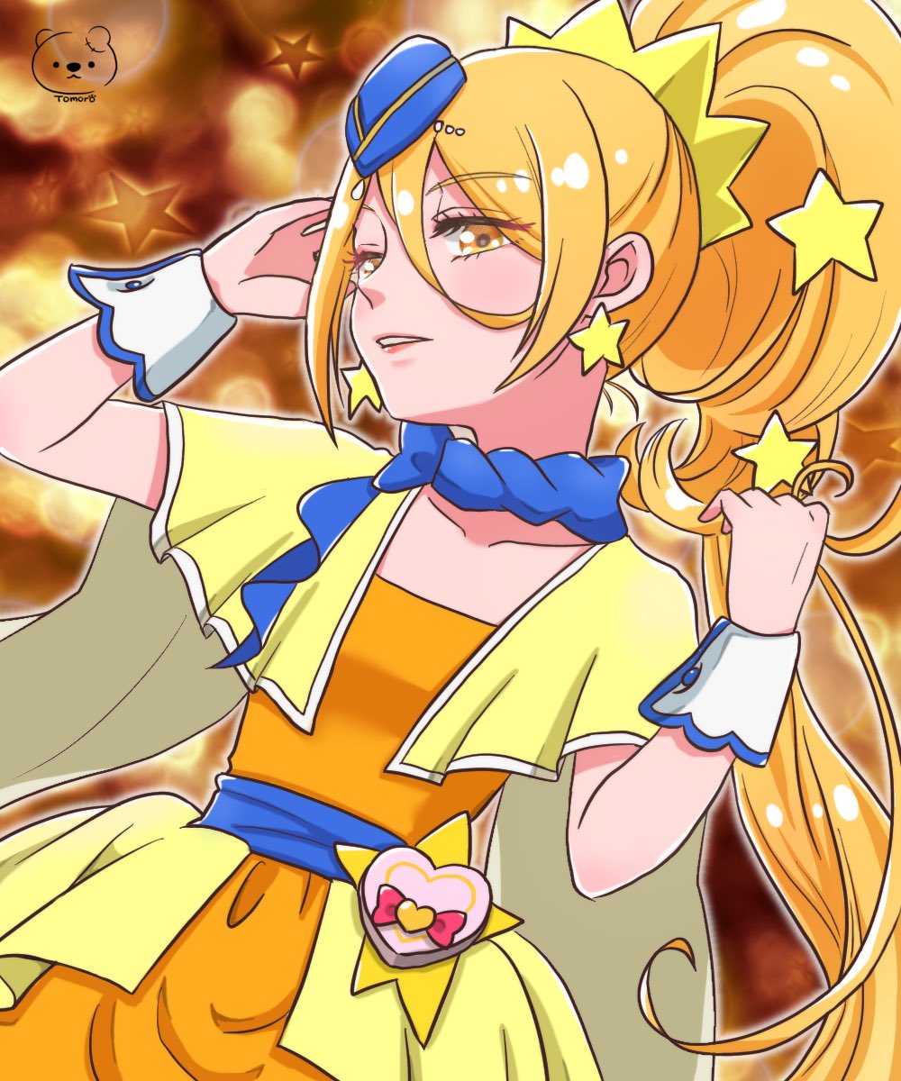1girl blonde_hair capelet cure_etoile earrings hat heart_pouch high_ponytail highres hugtto!_precure jewelry kagayaki_homare long_hair mini_hat moro_precure open_mouth ponytail precure solo star_(symbol) star_earrings wrist_cuffs yellow_capelet yellow_eyes