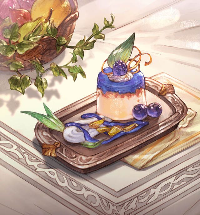 artist_request blueberry day food food_focus fruit fruit_basket granblue_fantasy indoors napkin no_humans official_art pear pudding raspberry table tablecloth third-party_source tray