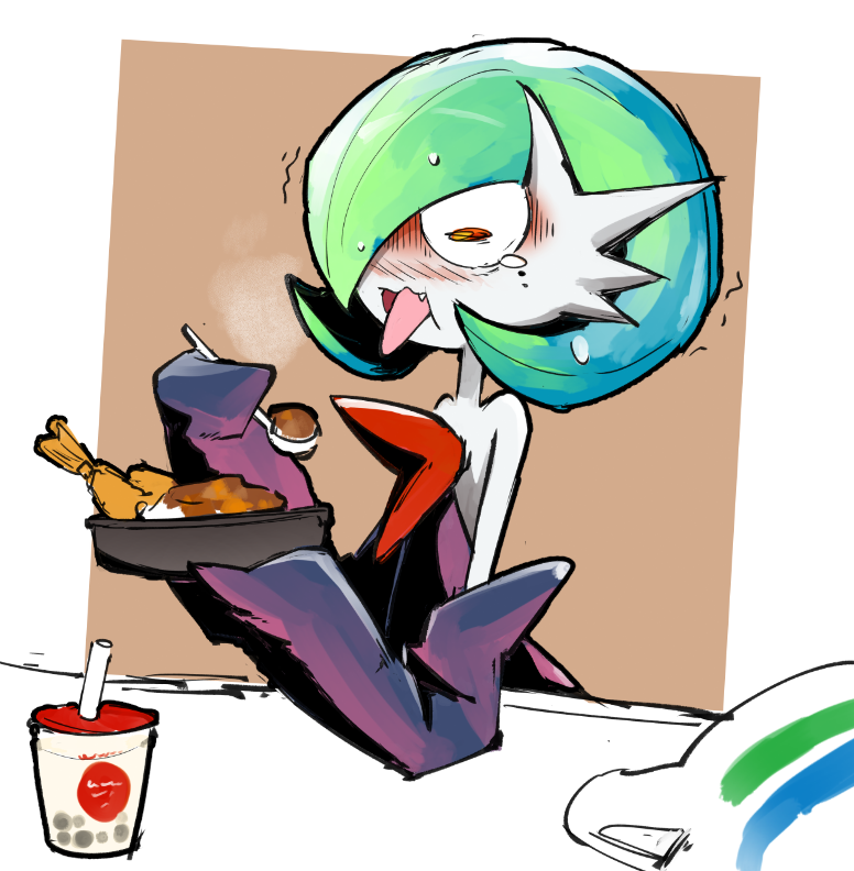 alternate_color black_dress black_gloves blue_hair blush cup dmt_(auburn) dress drinking_straw elbow_gloves food full-face_blush gardevoir gen_3_pokemon gloves heavy_breathing holding holding_plate holding_spoon mega_gardevoir mega_pokemon nintendo plate pokemon pokemon_(creature) red_eyes shiny_pokemon simple_background spicy spoon strapless strapless_dress teardrop tongue tongue_out