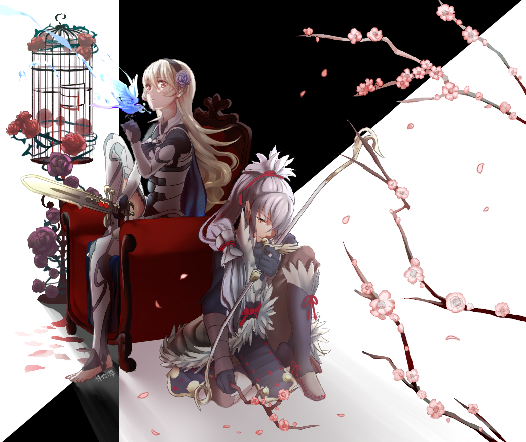1boy 1girl bird birdcage blue_bird cage female_corrin_(fire_emblem) fire_emblem fire_emblem_fates grey_hair japanese_clothes long_hair nintendo ponytail shoochiku_bai takumi_(fire_emblem)