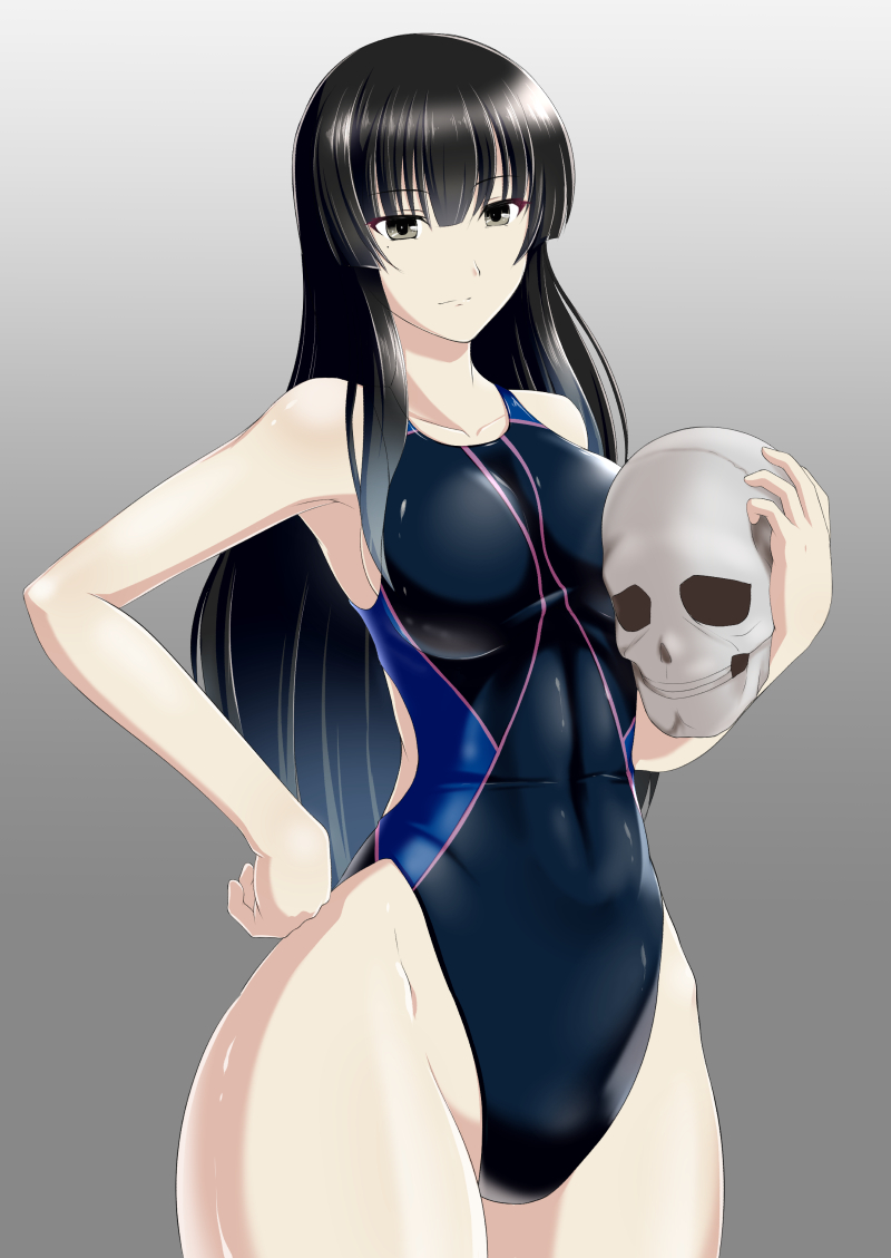 10s 1girl armpits bare_shoulders black_eyes black_hair breasts commentary_request competition_swimsuit curvy female_focus gradient_background grey_background hand_on_own_hip hassen_(8cm) holding holding_skull kujou_sakurako_(sakurako) large_breasts long_hair looking_at_viewer mole mole_under_eye one-piece_swimsuit sakurako-san_no_ashimoto_ni_wa_shitai_ga_umatteiru shiny_clothes simple_background skull solo standing swimsuit thick_thighs thighs white_background wide_hips