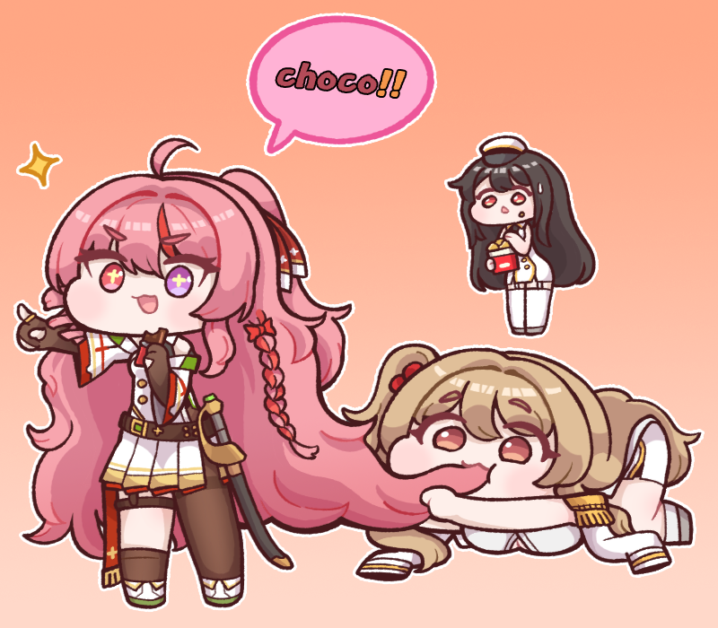 3girls :3 amphitrite_(last_origin) black_hair blonde_hair braid breasts bulga candy chibi chocolate chocolate_bar dress eating_hair english_text food full_body hair_ribbon last_origin long_hair melite_(last_origin) multicolored_hair multiple_girls one_side_up pink_eyes pink_hair pleated_dress purple_eyes red_eyes red_hair ribbon salacia_(last_origin) single_braid star-shaped_pupils star_(symbol) streaked_hair sword symbol-shaped_pupils two-tone_hair very_long_hair weapon white_dress