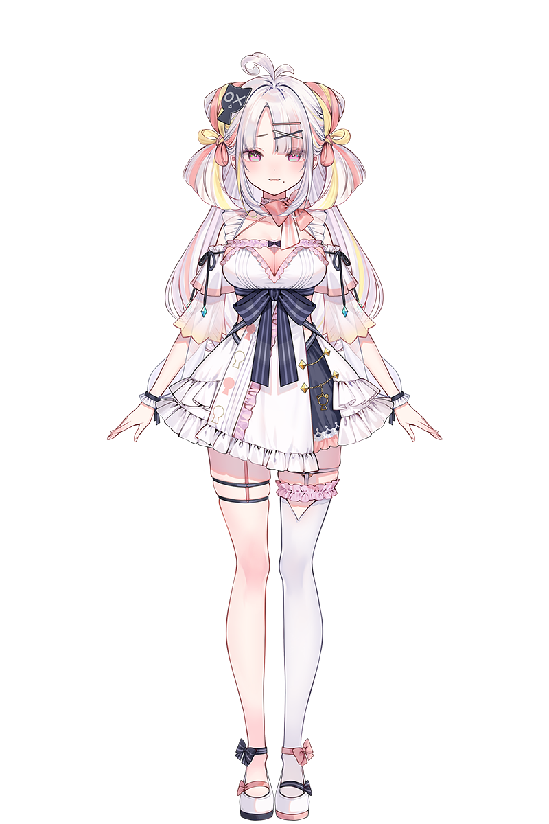 1girl antenna_hair blonde_hair blush breasts dress frills full_body hair_ornament hairclip highres mixstgirls mole mole_under_mouth multicolored_hair official_art pink_eyes pink_hair shoes shuri_(84k) simple_background single_thighhigh solo standing streaked_hair tachi-e thighhighs transparent_background virtual_youtuber white_dress white_hair white_shoes white_thighhighs x_hair_ornament yukishiro_qalu