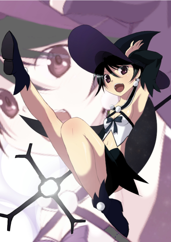 10s 1girl arm_warmers armpits bare_legs black_hair breasts brown_eyes cape cross female_focus hat kazumi_(madoka_magica) magical_girl mahou_shoujo_kazumi_magica mahou_shoujo_madoka_magica midriff navel short_hair small_breasts solo staff underboob weapon witch_hat yukimura_kaname zoom_layer