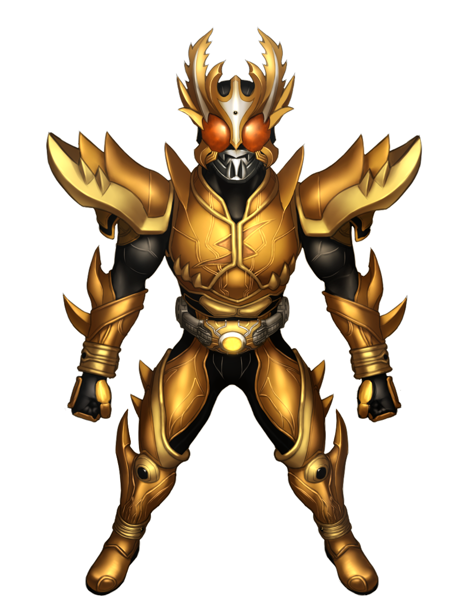 1boy arcle_(kuuga) arm_blade armor belt bodysuit breastplate clenched_hands compound_eyes full_armor full_body gauntlets gloves glowing gold_armor gold_horns helmet highres horns kamen_rider kamen_rider_dcd kamen_rider_kuuga kamen_rider_kuuga_(series) kamen_rider_kuuga_(super_rising_ultimate_form) looking_at_viewer mask orange_eyes pauldrons rider_belt shoulder_armor solo standing taikyoku_tsurugi tokusatsu weapon