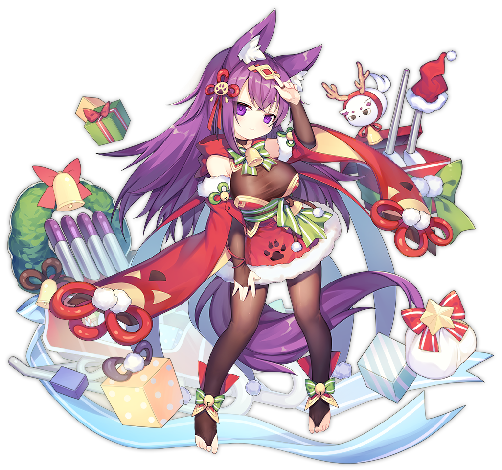 1girl alternate_costume animal_ears ao_jun arm_up azur_lane bell black_pantyhose blush bow breasts christmas_wreath cleavage closed_mouth female_focus fox_ears full_body green_bow hat large_breasts long_hair looking_at_viewer official_art pantyhose purple_eyes purple_hair santa_hat smile smug solo tail transparent_background unworn_hat unworn_headwear urakaze_(azur_lane) urakaze_(seasonal_shogun)_(azur_lane) very_long_hair wreath