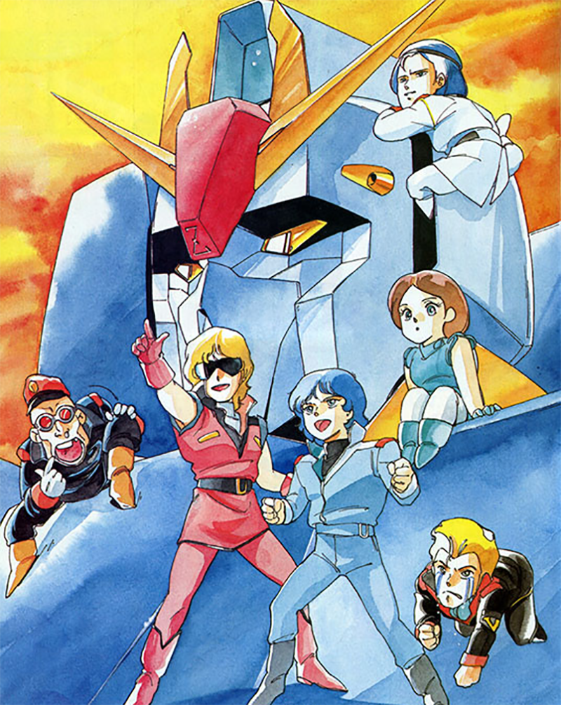 1980s_(style) 1girl bask_om blonde_hair boots chibi climbing cloud commentary dusk emma_sheen english_commentary gloves gundam hat jerid_messa kamille_bidan kitazume_hiroyuki mecha military mobile_suit multiple_boys official_art oldschool paptimus_scirocco parody promotional_art quattro_bajeena retro_artstyle robot scan science_fiction sitting sunglasses tears traditional_media uniform upper_body v-fin vest zeta_gundam zeta_gundam_(mobile_suit)
