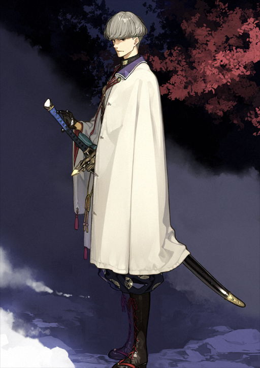1boy black_boots black_eyes black_gloves black_pants boots cape closed_mouth collared_cape expressionless fate/grand_order fate_(series) from_side full_body game_cg gloves grey_hair hand_on_hilt hidari_(left_side) high_collar japanese_clothes long_sleeves looking_at_viewer male_focus official_art onikiri_yasutsuna_(fate) pants puffy_pants sheath sheathed short_hair solo standing sword third-party_source undercut variant_set watanabe_no_tsuna_(fate) weapon white_cape wide_sleeves