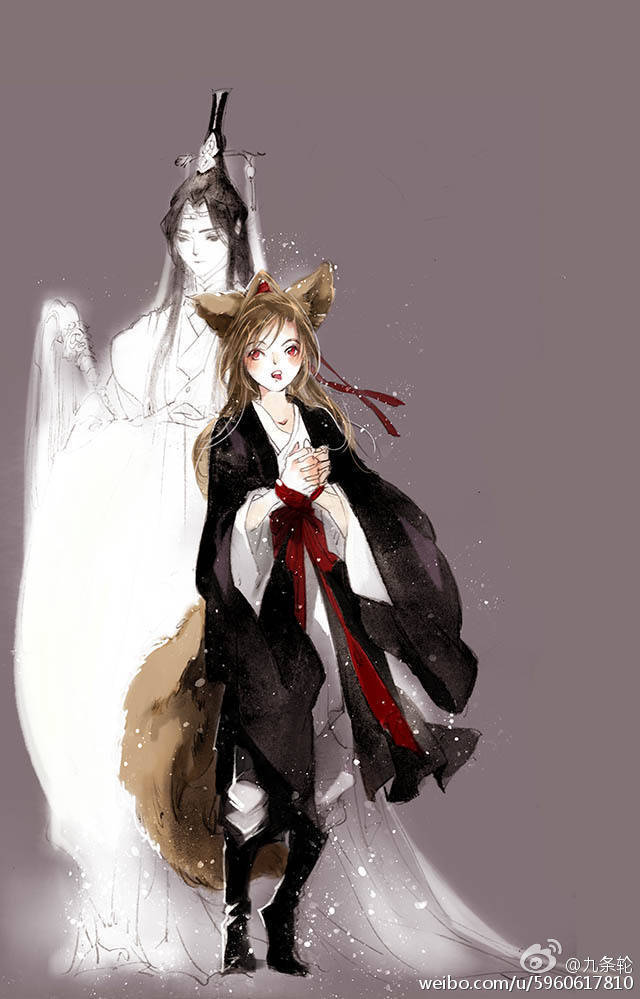 2boys aged_down animal_ears black_boots black_hair black_hanfu boots bound bound_wrists brown_hair chinese_clothes closed_mouth faux_traditional_media fox_boy fox_ears fox_tail hair_ribbon hanfu headband height_difference high_ponytail hossu ink_wash_painting kcllzas163 kemonomimi_mode lan_wangji light_particles long_hair looking_at_another male_focus modao_zushi multiple_boys open_mouth partially_colored ponytail red_eyes red_ribbon red_sash ribbon ribbon_bondage sash standing tail third-party_source tongue tongue_out topknot watermark web_address wei_wuxian weibo_watermark white_hanfu white_headband wide_sleeves xiao_guan_(headdress) yaoi