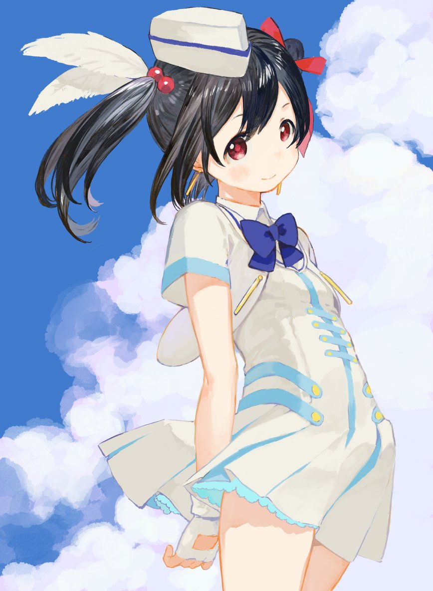 1girl black_hair blue_bow blue_bowtie blush bow bowtie cloud commentary_request day dress earrings feather_hair_ornament feathers fingerless_gloves garrison_cap gloves hair_bobbles hair_ornament hair_ribbon hat jewelry karamomo looking_at_viewer love_live! love_live!_school_idol_project official_alternate_costume red_eyes red_ribbon ribbon short_sleeves sky solo twintails white_dress white_gloves white_hat wonderful_rush yazawa_nico