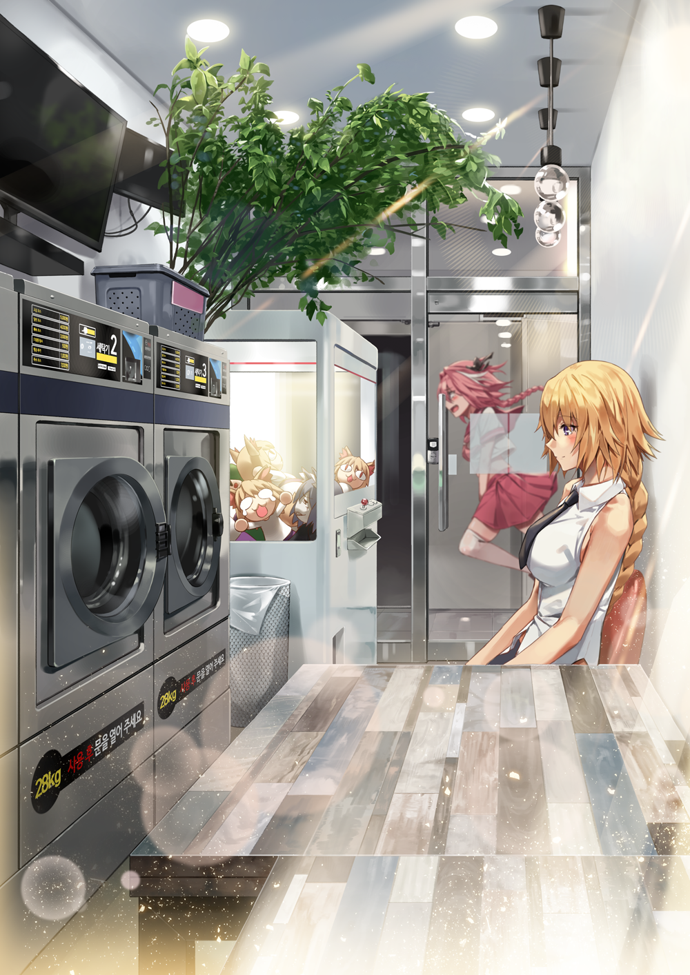 1boy 1girl astolfo_(fate) astolfo_(sailor_paladin)_(fate) bare_arms bare_shoulders basket black_neckwear blonde_hair blush braid breasts ceiling_light character_doll collared_shirt commentary_request crane_game crop_top crop_top_overhang doll fate/grand_order fate_(series) from_side highres indoors jeanne_d&#039;arc_(fate) jeanne_d&#039;arc_(girl_from_orleans)_(fate) jeanne_d&#039;arc_(ruler)_(fate) korean_text large_breasts laundry light_bulb long_hair looking_away midriff miniskirt multicolored_hair necktie neco-arc neco-arc_chaos pink_hair pink_neckwear pink_skirt plant pleated_skirt profile purple_eyes rainmaker school_uniform serafuku shirt single_braid skirt sleeveless sleeveless_shirt slice_of_life smile streaked_hair stuffed_toy table television thighhighs trap washing_machine white_hair white_shirt white_thighhighs zettai_ryouiki