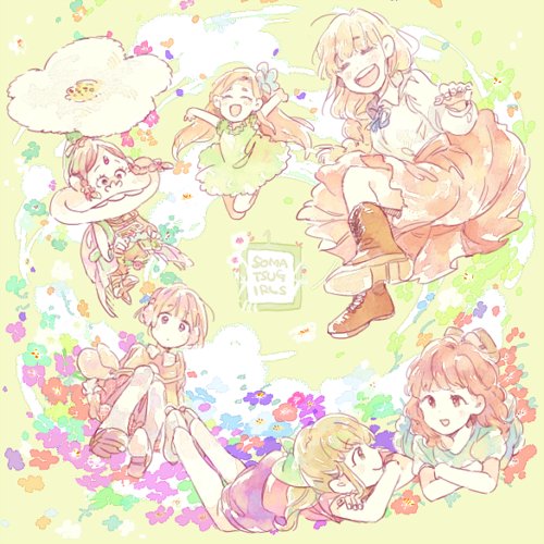 10s 6+girls aida_(osomatsu-san) bad_id bad_twitter_id blue_ribbon braid coat dayoon_girl earmuffs flower flower_fairy_(osomatsu-kun) green_background hair_ribbon jyushimatsu&#039;s_girlfriend lowres multiple_girls osomatsu-kun osomatsu-san osomatsu_(series) ribbon sachiko_(osomatsu-san) sasaki_(tpo_tpo) short-haired_girl_(osomatsu-san) short_hair simple_background skirt smile twin_braids wavy_hair