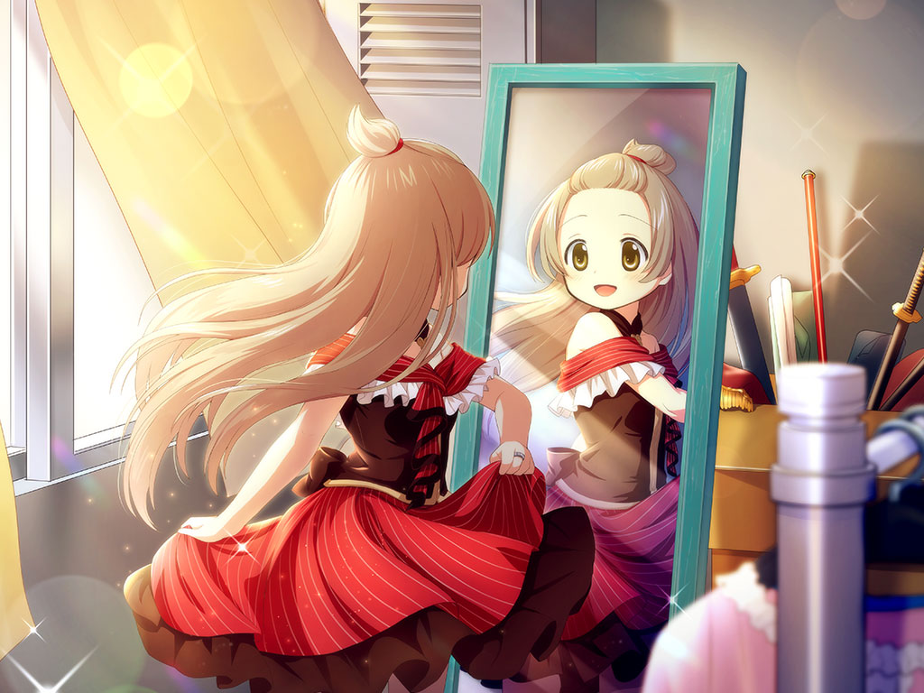 1girl artist_request azumi_hagumu back_bow bangs_pinned_back black_bow black_corset bow brown_eyes brown_hair corset cowboy_shot dot_nose dress floating_hair forehead frilled_dress frilled_sleeves frills full-length_mirror game_cg indoors jewelry light_blush locker long_hair looking_at_reflection magia_record:_mahou_shoujo_madoka_magica_gaiden mahou_shoujo_madoka_magica mirror off-shoulder_dress off_shoulder official_art open_mouth pleated_dress red_dress ring short_dress short_sleeves skirt_hold smile solo sparkle striped_clothes striped_dress tareme vertical-striped_clothes vertical-striped_dress very_long_hair