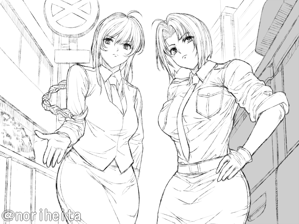 2girls kobayakawa_miyuki long_hair multiple_girls noriheita police police_uniform policewoman taiho_shichauzo tsujimoto_natsumi