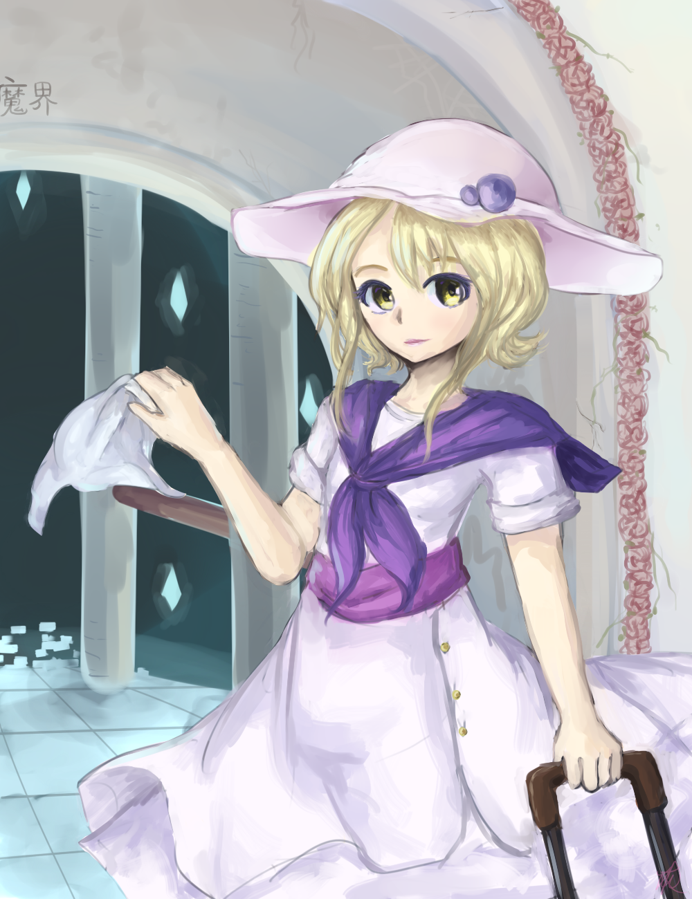1girl blonde_hair female_focus handkerchief hat highres khylimei louise_(touhou) luggage rolling_suitcase solo suitcase touhou yellow_eyes