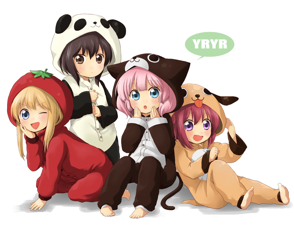 4girls :d ;d akaza_akari animal_costume barefoot black_hair blonde_hair blue_eyes blush brown_eyes buttons cat_costume child closed_mouth commentary_request copyright_name cosplay dog_costume food_costume funami_yui hand_on_own_cheek hand_on_own_face hands_on_own_cheeks hands_on_own_face kigurumi long_sleeves manishi_mari multiple_girls one_eye_closed open_mouth panda_costume pink_hair purple_eyes red_eyes short_hair sitting smile speech_bubble tomato_costume toshinou_kyouko v-shaped_eyebrows white_background yoshikawa_chinatsu yuruyuri