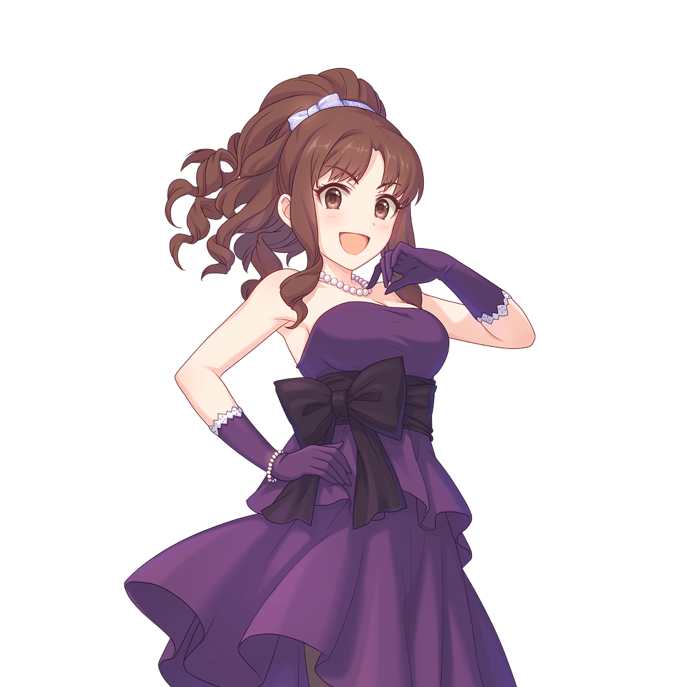 1girl akino_(princess_connect!) akino_(real)_(princess_connect!) belt black_belt brown_eyes brown_hair dress gloves hairband jewelry long_hair necklace official_art pearl_necklace princess_connect! purple_dress purple_gloves tachi-e transparent_background white_hairband