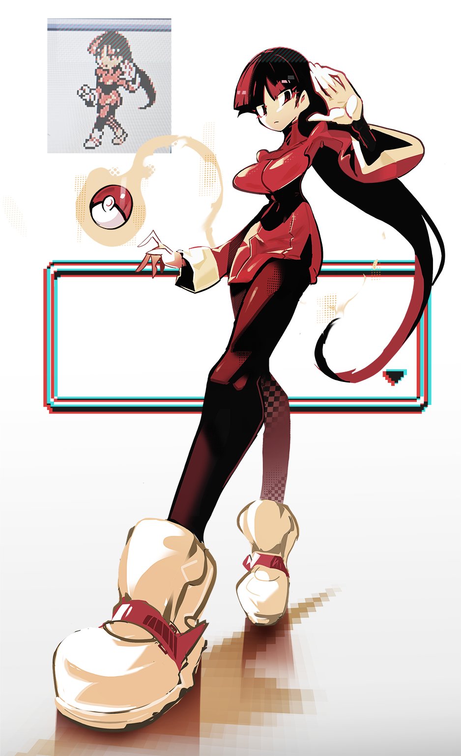1girl black_eyes black_hair blunt_bangs breasts closed_mouth commentary crossed_legs dress floating floating_object full_body highres large_breasts long_hair long_sleeves looking_at_viewer nintendo pantyhose poke_ball poke_ball_(basic) pokemon pokemon_gsc psychic red_dress reference_inset sabrina_(pokemon) shakeeeeeeeee shoes standing very_long_hair watson_cross white_footwear