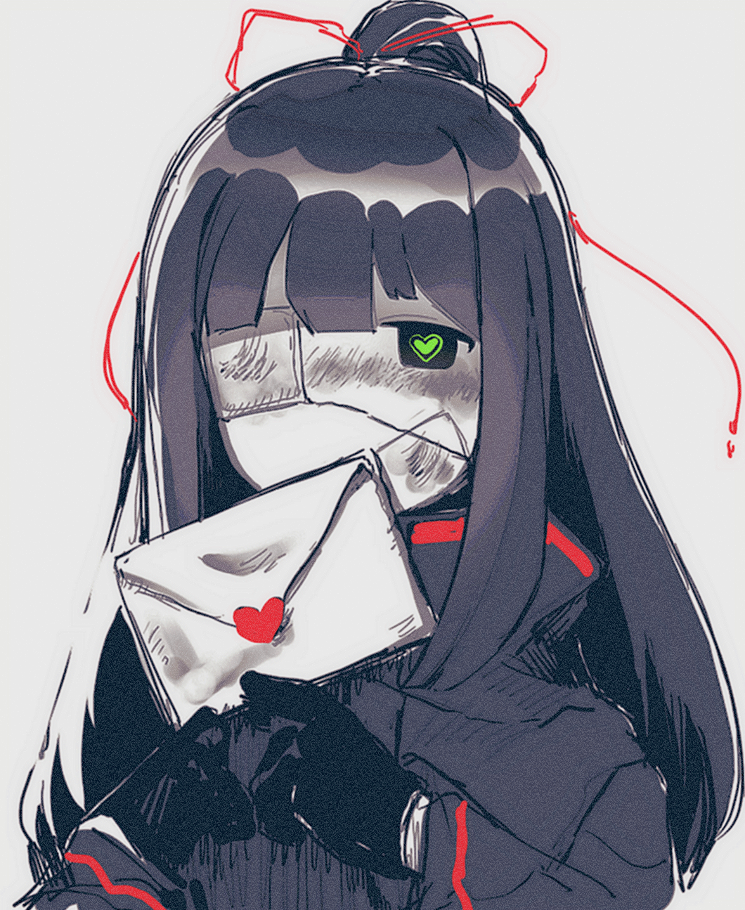 1girl black_gloves black_hair black_jacket envelope gloves green_pupils hair_ribbon half_updo hands_up heart heart-shaped_pupils highres holding holding_envelope jacket library_of_ruina long_hair looking_at_viewer madotsuki_ren project_moon red_ribbon ribbon shi_association_south_uniform sidelocks simple_background solo symbol-shaped_pupils tenma_(project_moon) upper_body very_long_hair white_background