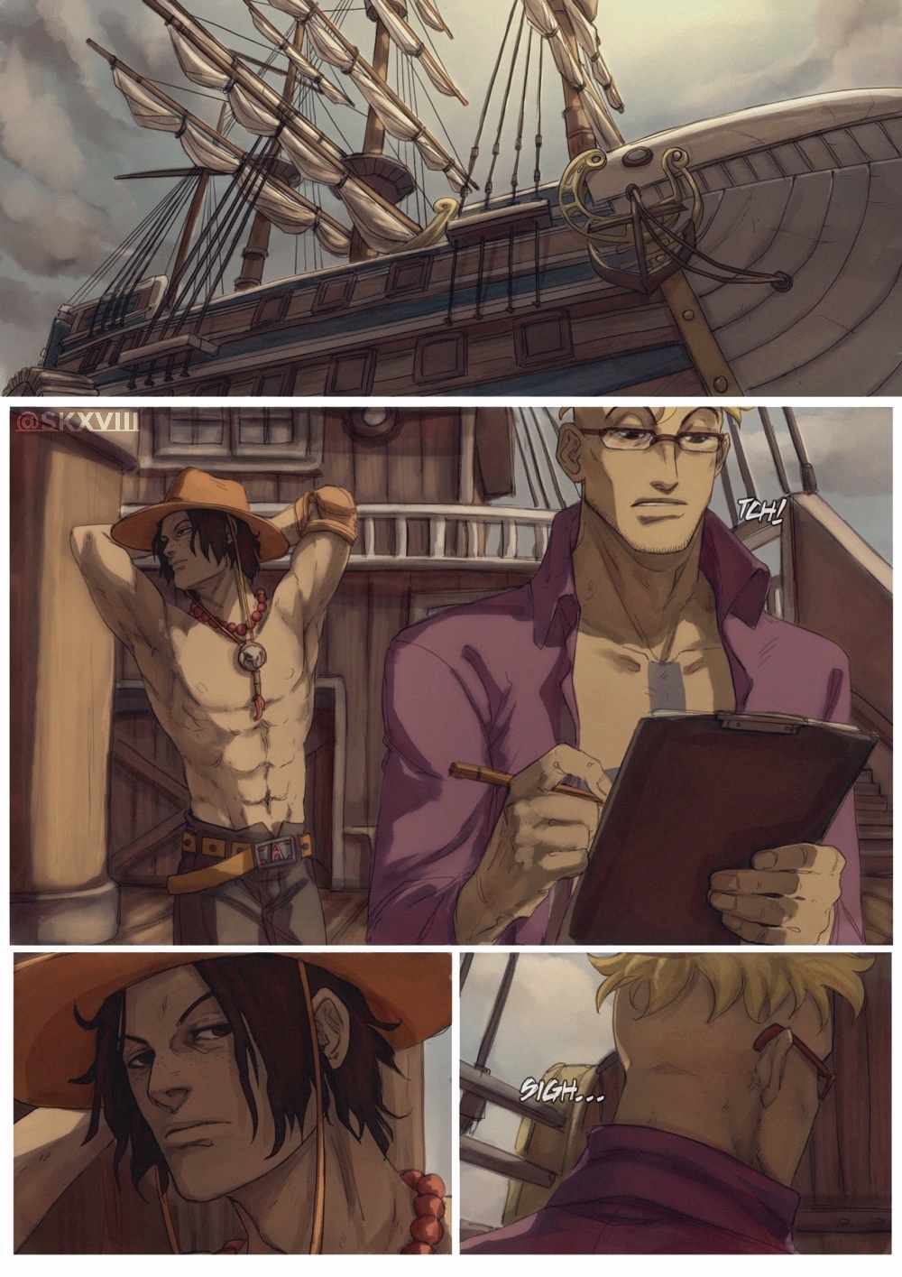 2boys abs bead_necklace beads black_hair blonde_hair closed_mouth comic cowboy_hat facial_hair freckles glasses hat highres jewelry marco_(one_piece) moby_dick_(one_piece) multiple_boys necklace one_piece orange_headwear portgas_d._ace ship short_hair sid_(skxviii) silent_comic tattoo topless_male watercraft writing