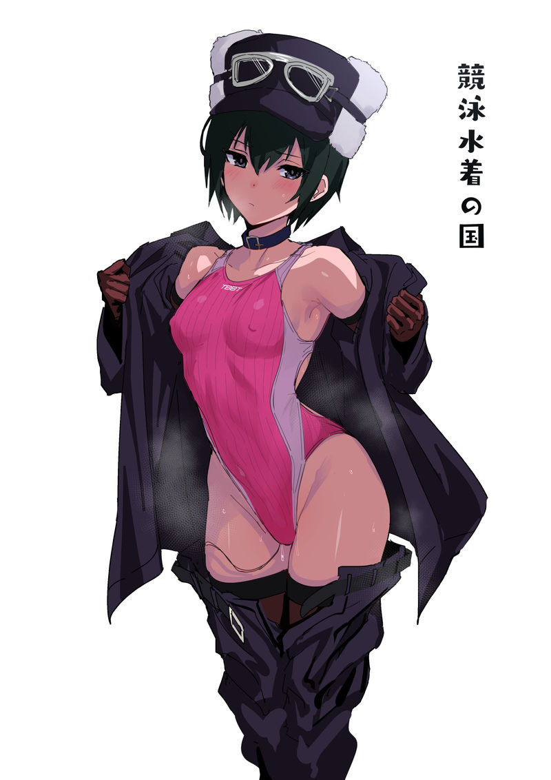 1girl armpits bare_shoulders black_coat black_eyes black_hair black_hat black_shorts blush choker closed_mouth coat competition_swimsuit covered_erect_nipples covered_navel cowboy_shot gloves groin hat highleg kino_(kino_no_tabi) kino_no_tabi looking_at_viewer navel one-piece_swimsuit pink_one-piece_swimsuit shorts simple_background solo standing steaming_body swimsuit tomboy two-tone_swimsuit ulrich_(tagaragakuin) undressing white_background