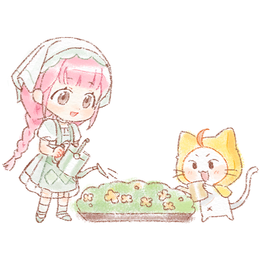 1girl ahoge animal ankle_socks apron argyle_apron argyle_clothes artist_request bare_arms black_eyes blunt_bangs braid brown_eyes cat chibi cloak clothed_animal dot_nose dress ear_covers eyelashes game_cg green_apron green_dress green_headscarf green_shoes green_socks happy headscarf holding holding_watering_can hood hood_up hooded_cloak infinity_nikki light_blush long_hair looking_at_flowers low_twin_braids mary_janes medium_dress momo_(nikki) navel nikki_(nikki) nikki_(series) official_art open_mouth pink_hair plant potted_plant puffy_short_sleeves puffy_sleeves see-through_clothes see-through_dress shoes short_sleeves smile socks solid_oval_eyes spring_blossom_(infinity_nikki) standing tareme transparent_background twin_braids very_long_hair watering watering_can whiskers white_cat yellow_cloak