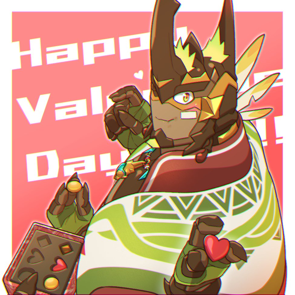 1boy another_eidos-r armor arthropod_boy bandaid bandaid_on_face beetle_boy blush box box_of_chocolates chocolate edamamego extra_arms happy_valentine heart horns hulk_(another_eidos) jewelry looking_at_viewer male_focus necklace one_eye_closed scale_armor scales smile solo text_focus upper_body valentine yellow_eyes