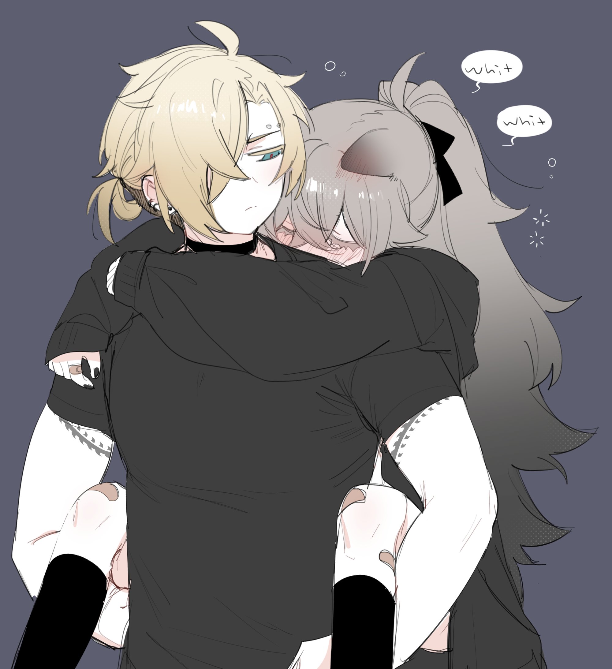 1boy 1girl arm_tattoo black_choker black_shirt black_socks black_sweater blonde_hair blue_eyes carrying choker closed_eyes degrees_of_lewdity eyebrow_piercing grey_background grey_hair hair_over_one_eye highres kai_(drakkai10) long_hair original piercing piggyback shirt short_hair short_sleeves shoya_(kai_(drakkai10)) simple_background socks speech_bubble sweater tattoo whitney_(degrees_of_lewdity) whitney_(male)_(degrees_of_lewdity)