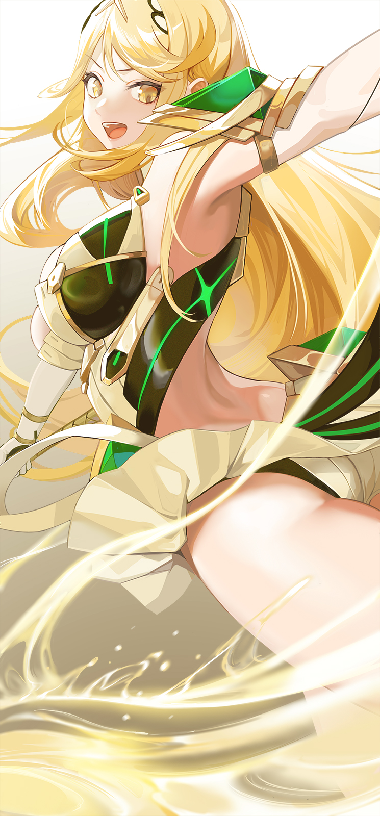 1girl blonde_hair breasts commentary dress earrings elbow_gloves gloves highres jewelry large_breasts long_hair looking_at_viewer looking_back mythra_(xenoblade) open_mouth panties pantyshot revision short_dress simple_background swept_bangs tiara underwear very_long_hair wangxiii white_background white_dress white_gloves xenoblade_chronicles_(series) xenoblade_chronicles_2 yellow_eyes