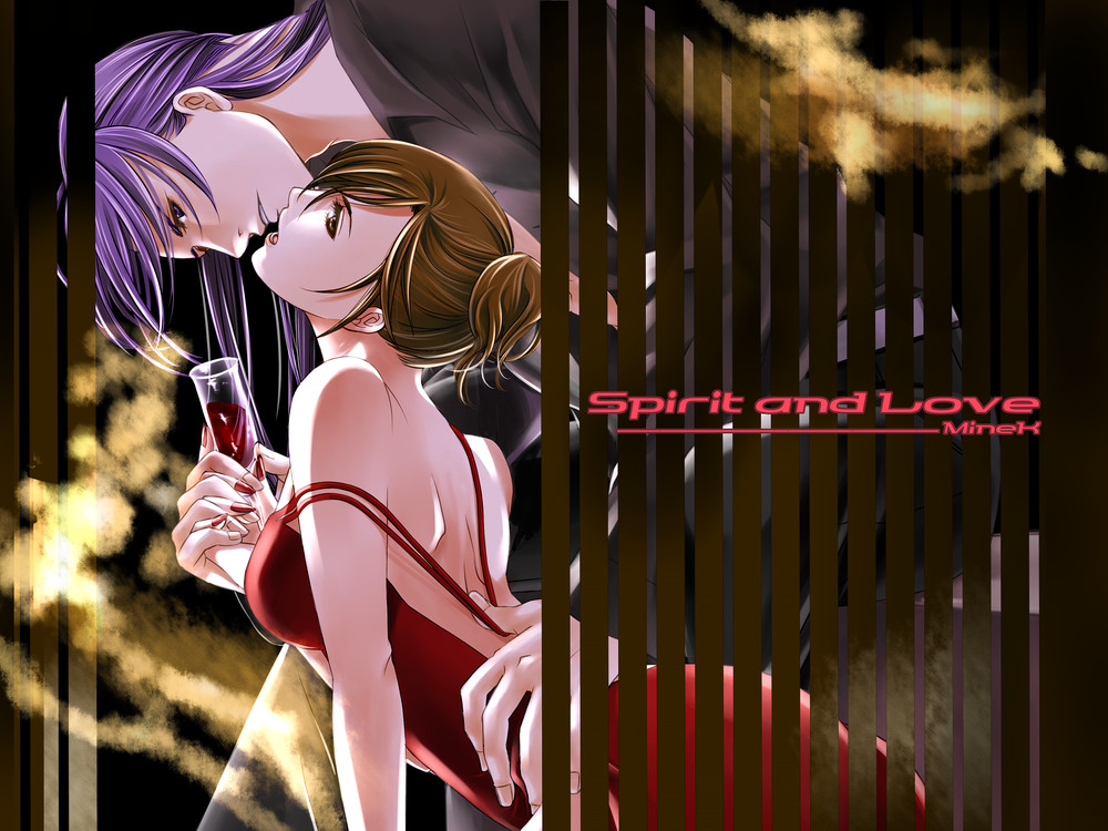 1boy 1girl arched_back backless_dress backless_outfit black_shirt blouse brown_hair collared_shirt couple cup dress drinking_glass eyelashes glass hetero holding_hands interlocked_fingers kamui_gakupo long_hair meiko_(vocaloid) ponytail purple_hair shirt sitting song_name toyu vocaloid wine_glass