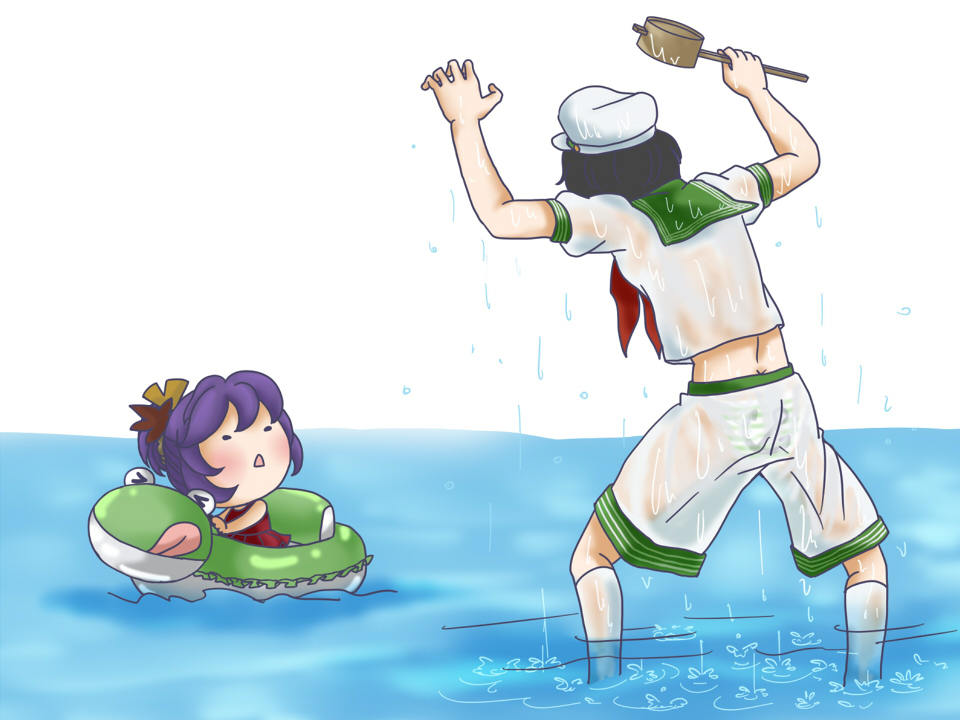2girls :&lt; :p black_hair blush female_focus frog hair_ornament hat leaf mabui multiple_girls murasa_minamitsu panties purple_hair sailor sailor_hat see-through_clothes short_hair swimsuit tongue tongue_out touhou underwear water yasaka_kanako