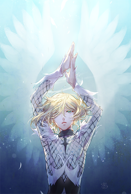 1boy arms_up blonde_hair blue_background commentary_request doro_(sabarudoro) green_eyes long_sleeves looking_at_viewer male_focus short_hair solo upper_body wings yuri!!!_on_ice yuri_plisetsky