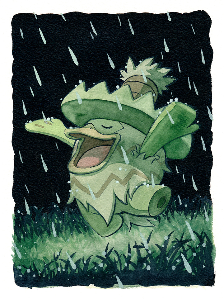arms_up border closed_eyes commentary dancing english_commentary full_body gen_3_pokemon grass ludicolo nintendo no_humans oliver_hamlin open_mouth painting_(medium) pokemon pokemon_(creature) pokemon_focus pokemon_move rain rain_dance_(pokemon) smile solo traditional_media watercolor_(medium) white_border