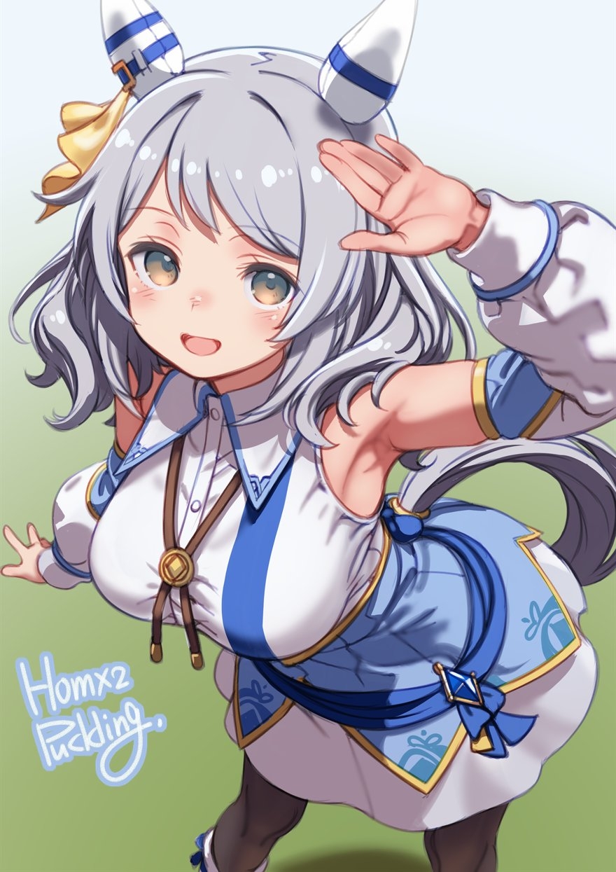 1girl animal_ears armpits breasts brown_eyes collarbone commentary detached_sleeves hair_between_eyes hair_ornament highres hishi_miracle_(umamusume) horse_ears horse_girl horse_tail looking_at_viewer medium_breasts medium_hair puddinghomhom sash solo tail umamusume white_background