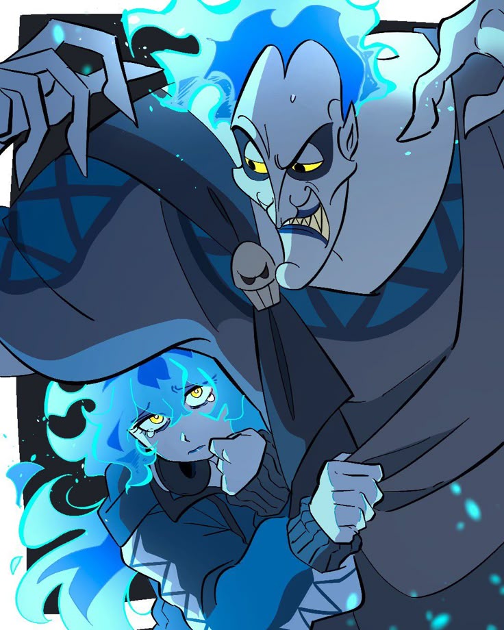 2boys artist_request blue_eyeshadow blue_hair blue_lips commentary_request eyeshadow fiery_hair fire hades_(disney) hair_between_eyes hercules_(1997_film) idia_shroud jacket long_hair long_sleeves makeup male_focus multiple_boys non-web_source sharp_teeth shirt short_hair simple_background smile source_request teeth twisted_wonderland very_long_hair yellow_eyes